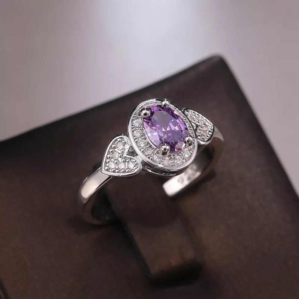 925 Silver Plated Purple Oval Cut CZ Birthstone Ring, FB16FA1135